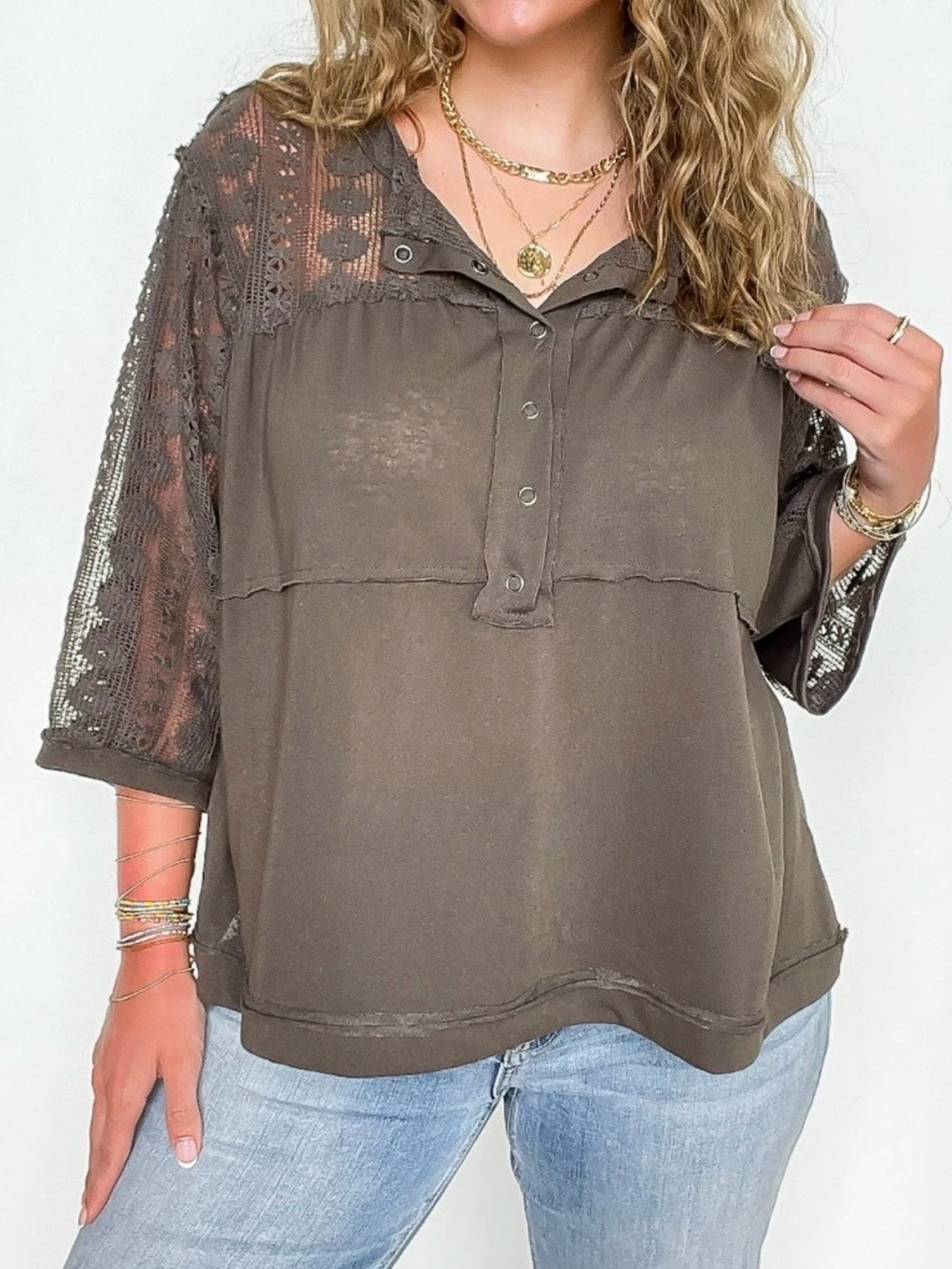 POL Olive Brown Crochet-Sleeve Button Tunic